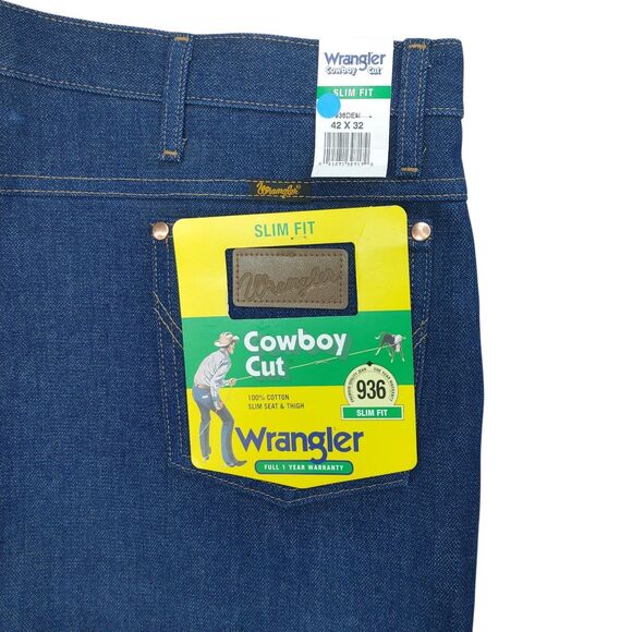 NWT Wrangler 936DEN Cowboy Cut Slim Fit Denim Jeans Men's 42x32 Fit Over Boots - Picture 7 of 10